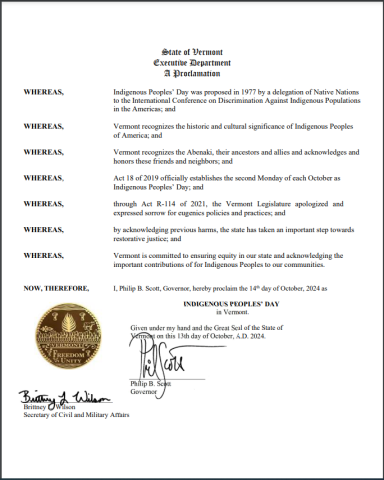 Governor Phil Scott's 2024 Indigenous Peoples' Day Proclamation, featuring the state seal of Vermont at the bottom. The document is printed on official letterhead and outlines the significance of Indigenous Peoples' Day, recognizing the contributions and history of Indigenous peoples in Vermont.